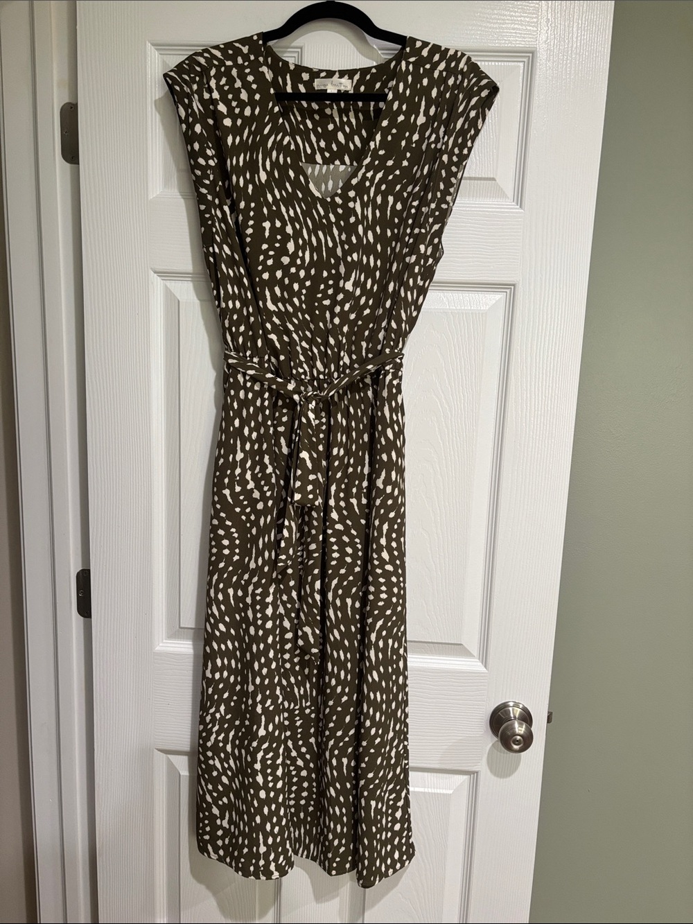 nine britton Olive Brown Printed Midi Dress with Tie Waist